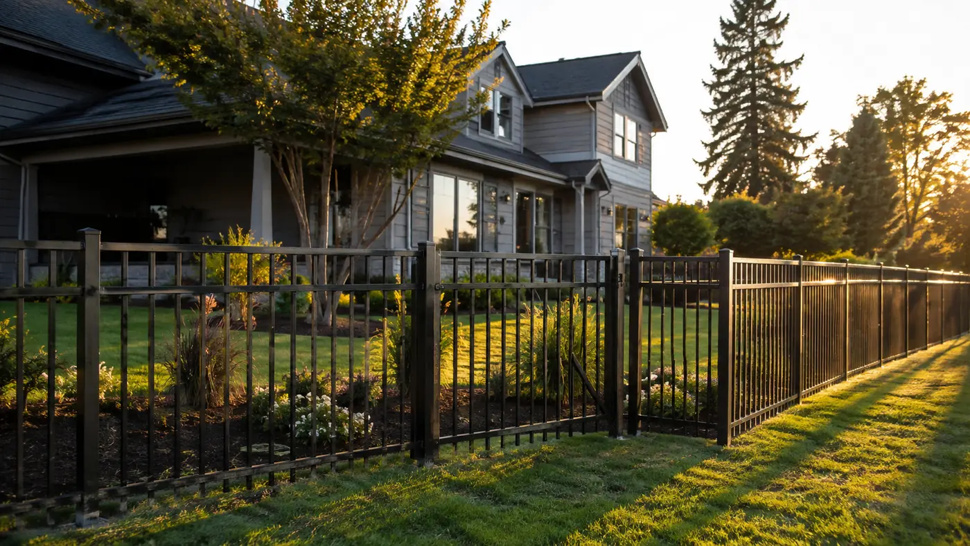 Black aluminum fence around a backyard at sunset in Salem, OR