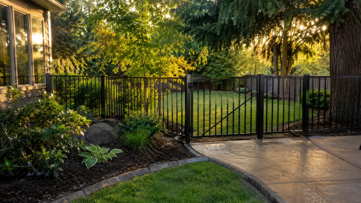 Aluminum fence beside a curved garden path and lawn in Salem, OR