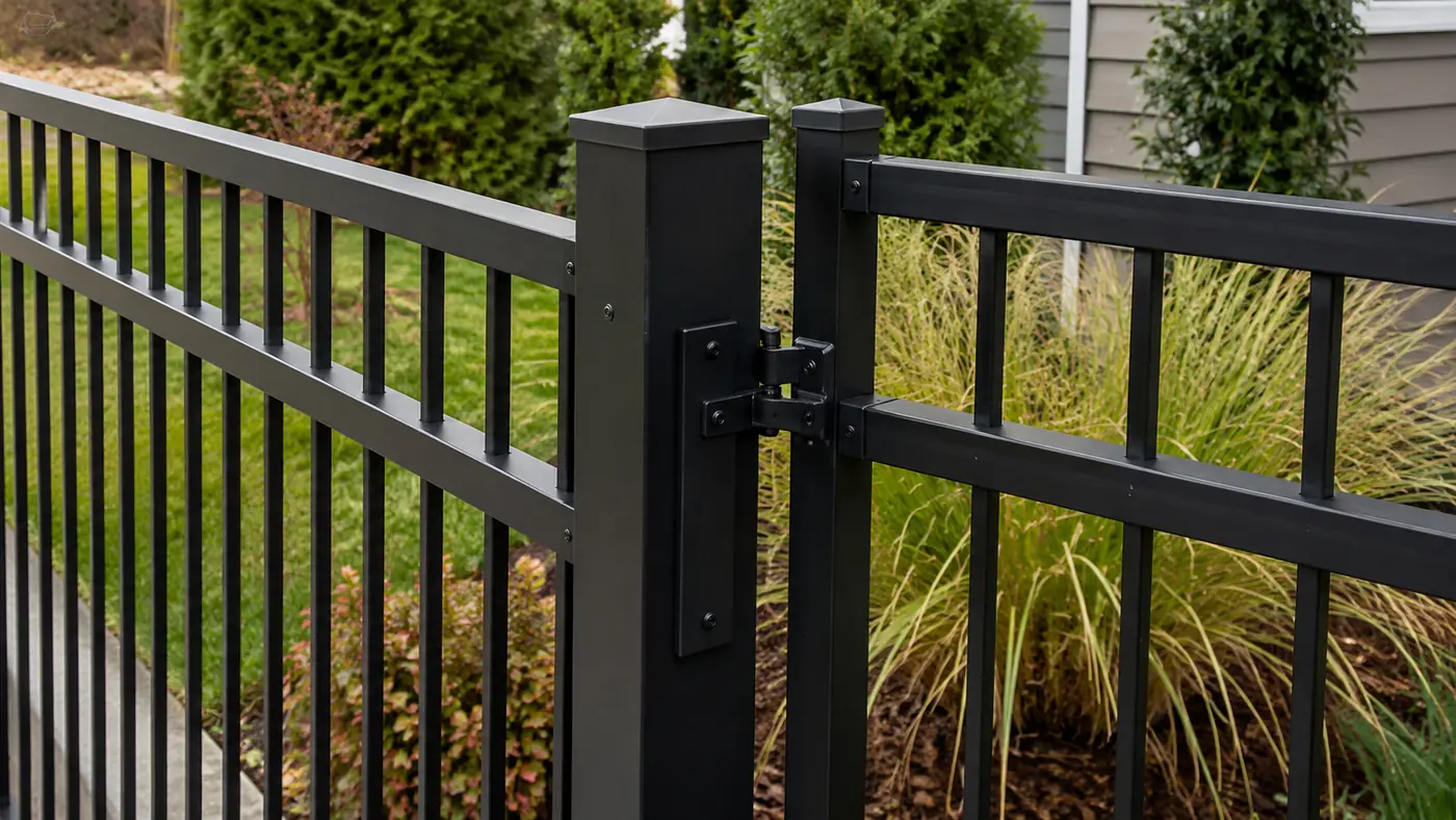 Aluminum fence gate hinge and latch detail on a Wades Services install in Salem, OR