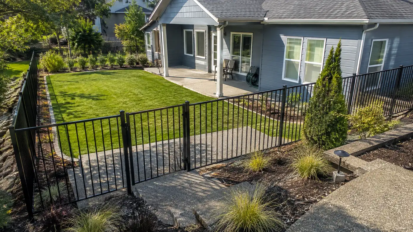 Aluminum fence enclosing the front lawn of a gray house in Salem, OR