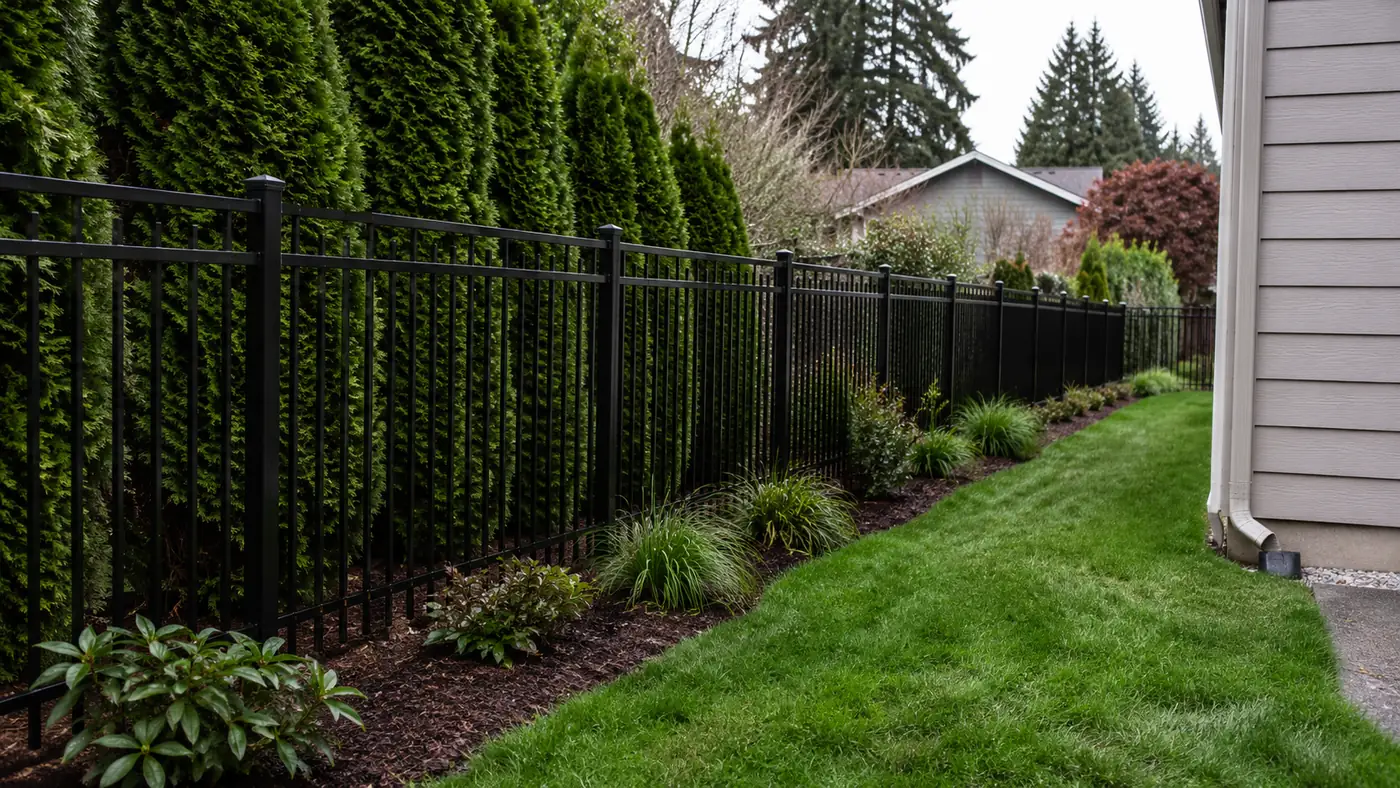 Black aluminum fence running along a tall hedge line in Salem, OR