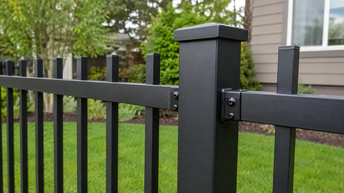 Close-up of a black aluminum fence post and rails set by Wades Services in Salem, OR