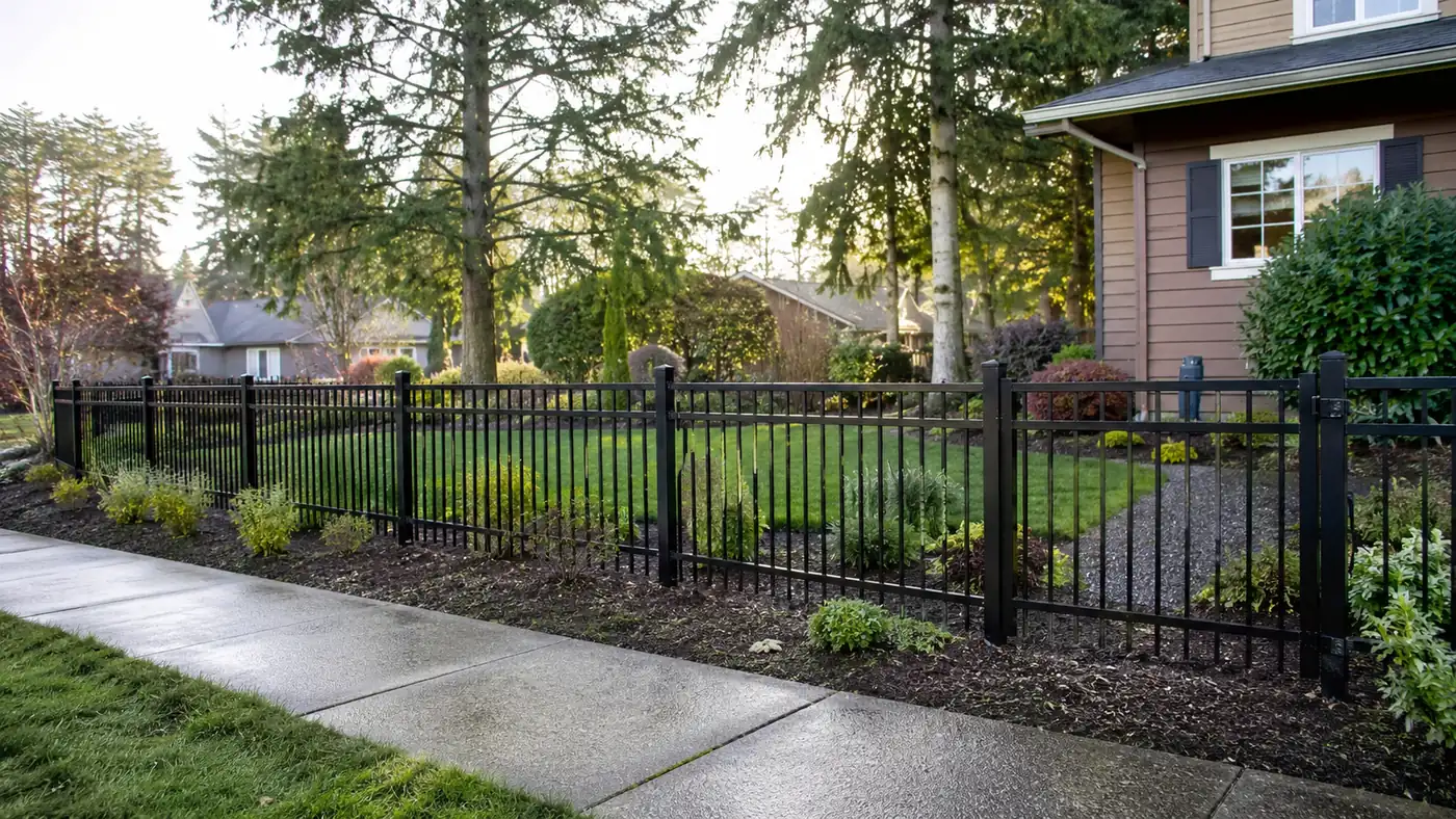 Aluminum fence along a front yard, Salem Black aluminum fence along a front-yard sidewalk installed by Wades Services in Salem, OR