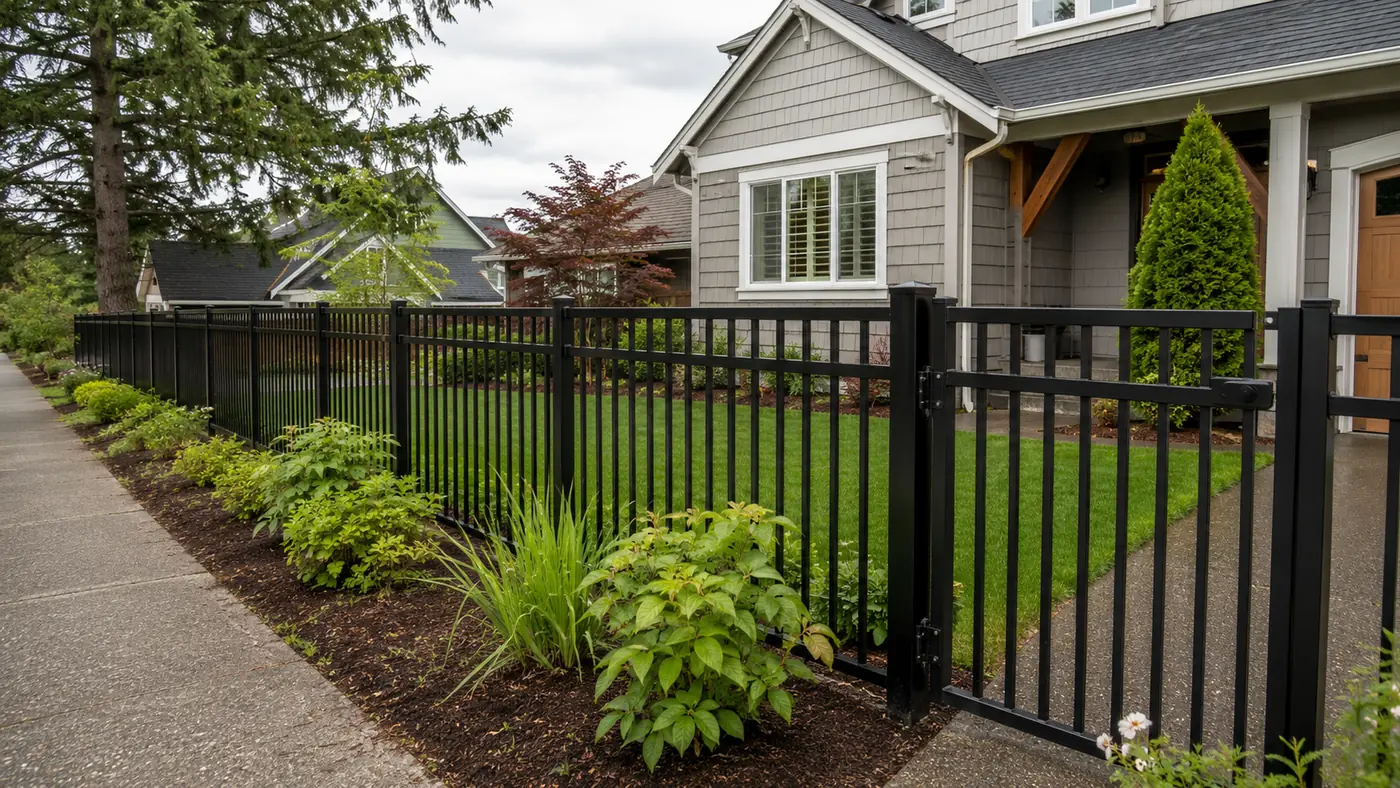 Black aluminum fence bordering a landscaped bed in front of a Salem, OR home