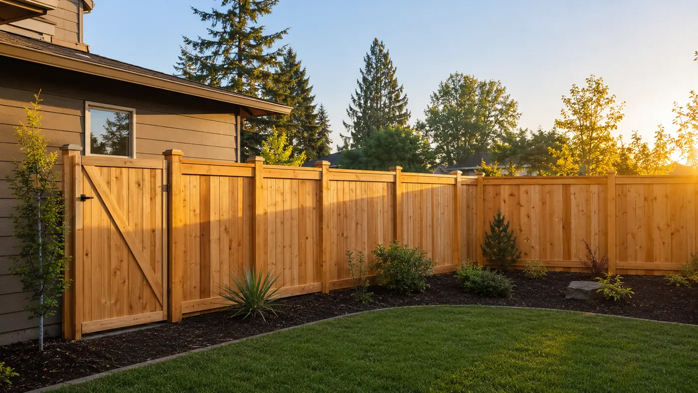Board-on-board cedar fence Board-on-board cedar privacy fence in a Salem, OR backyard