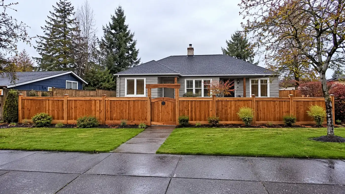 Cedar fence with an arbor gate built in Salem, OR