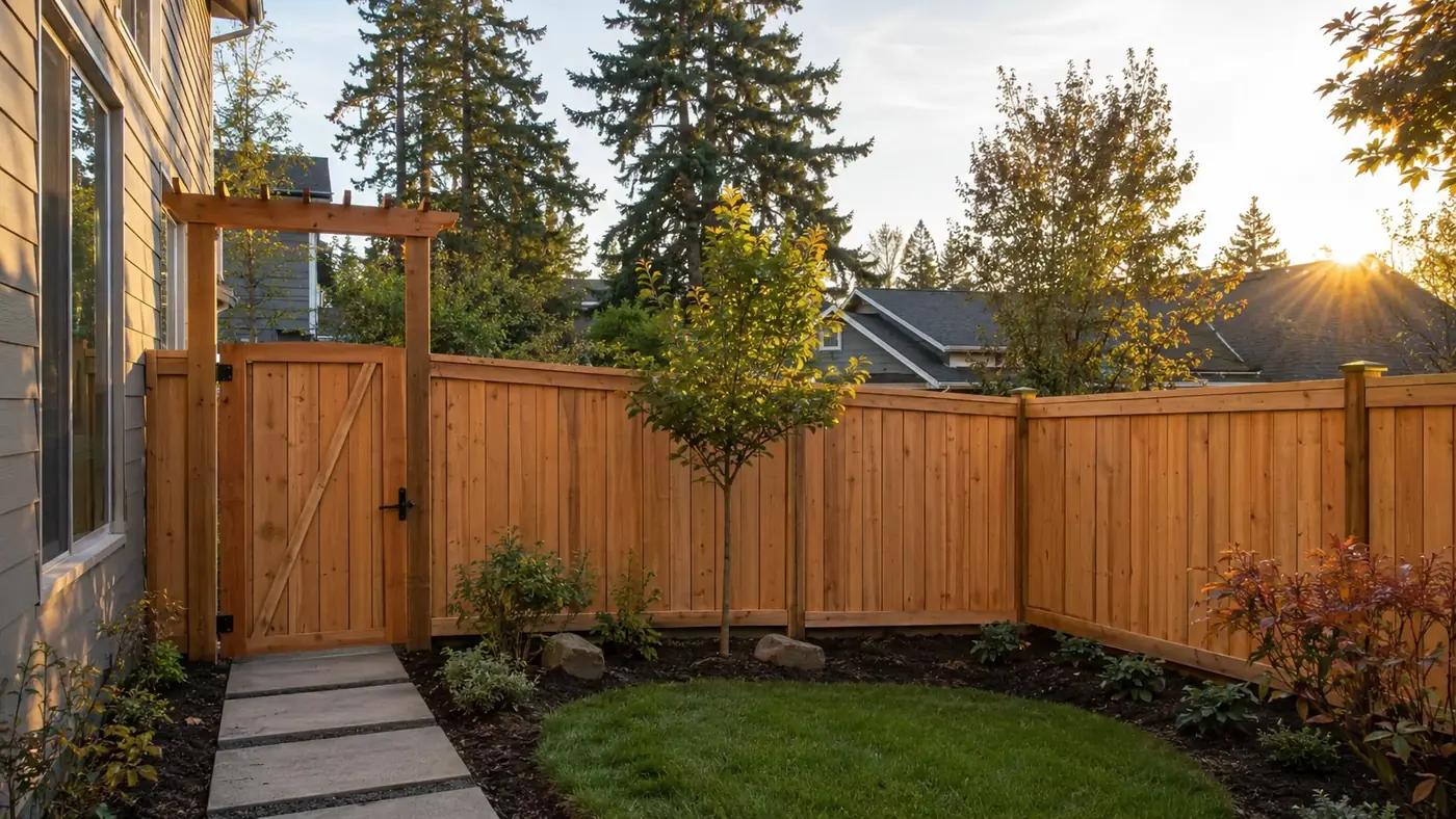 Cedar fence with arbor at sunset Cedar fence with arbor at sunset built by Wades Services in Salem, OR