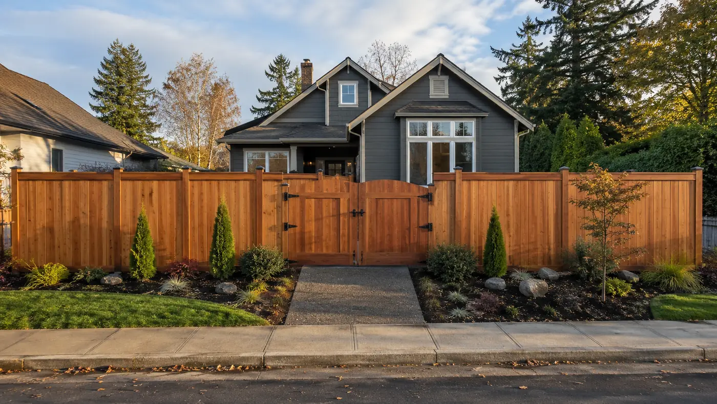 Cedar fence with an arched gate in a Salem, OR front yard
