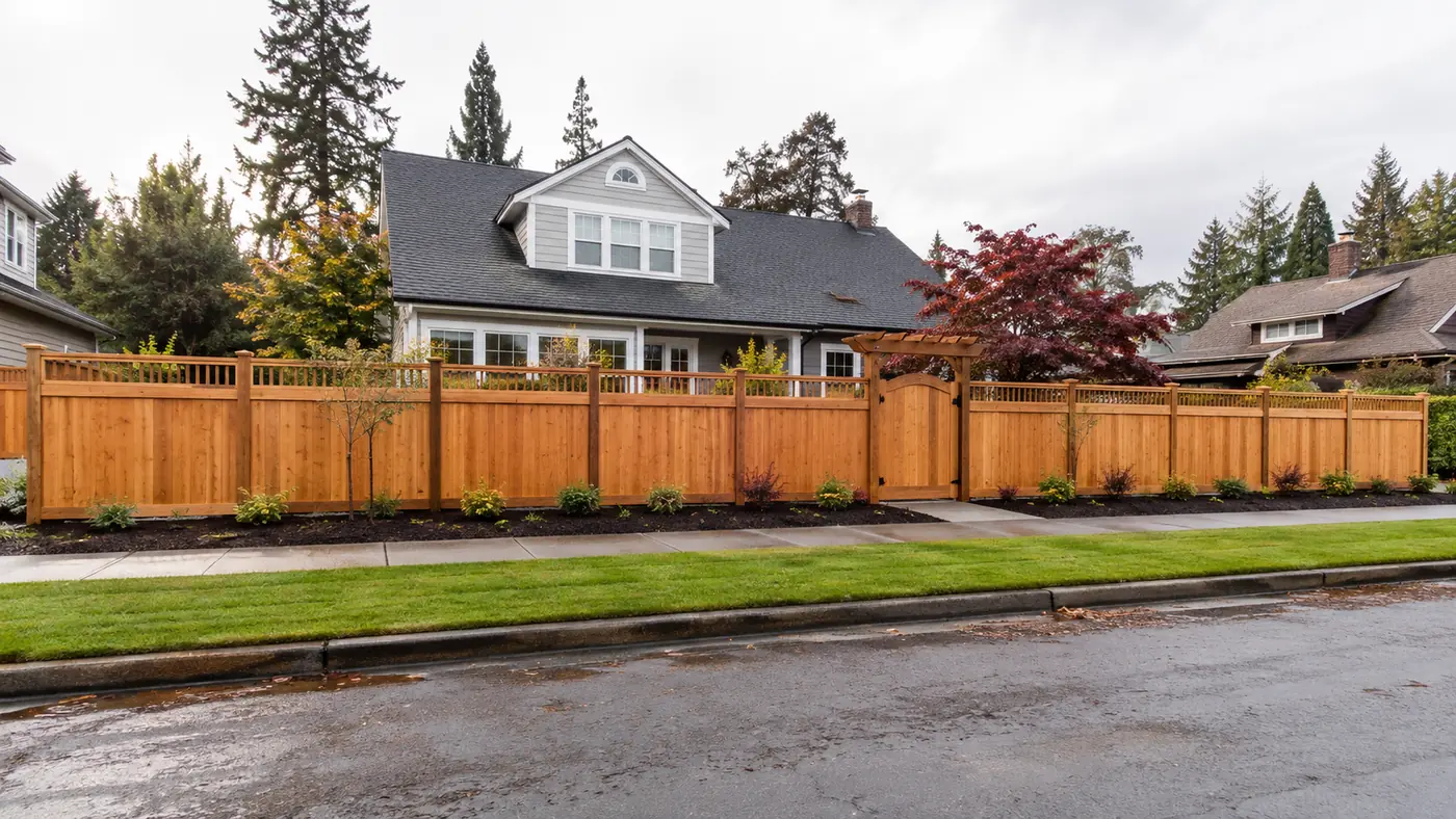 Cedar fence along a front yard and street built by Wades Services in Salem, OR