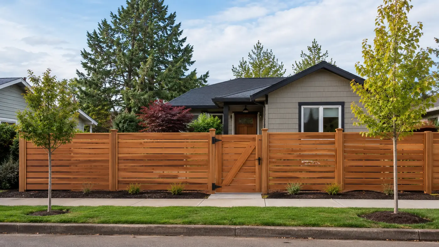 Cedar fence and gate at sunset in Salem, OR