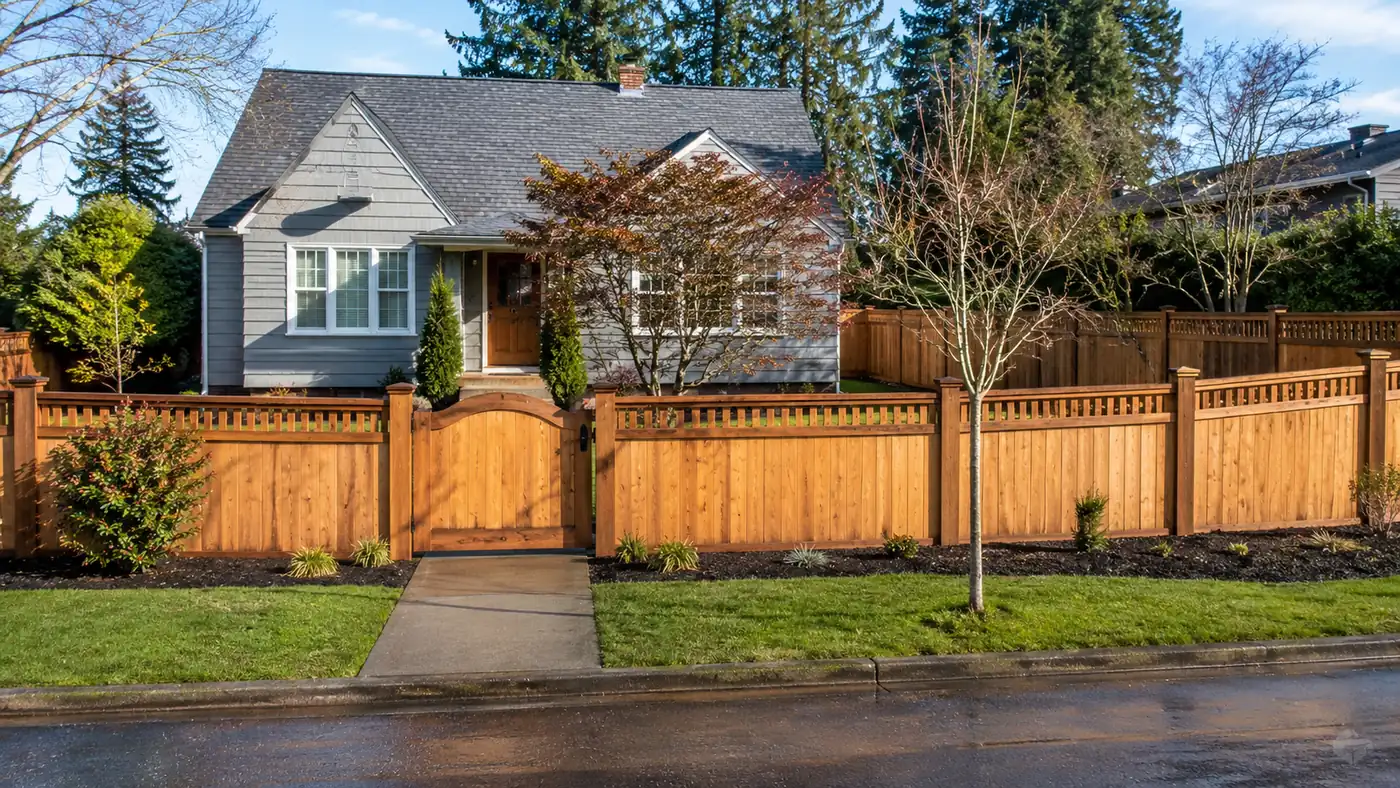 Cedar privacy fence, Salem Cedar privacy fence in front of a Salem, OR home in morning light