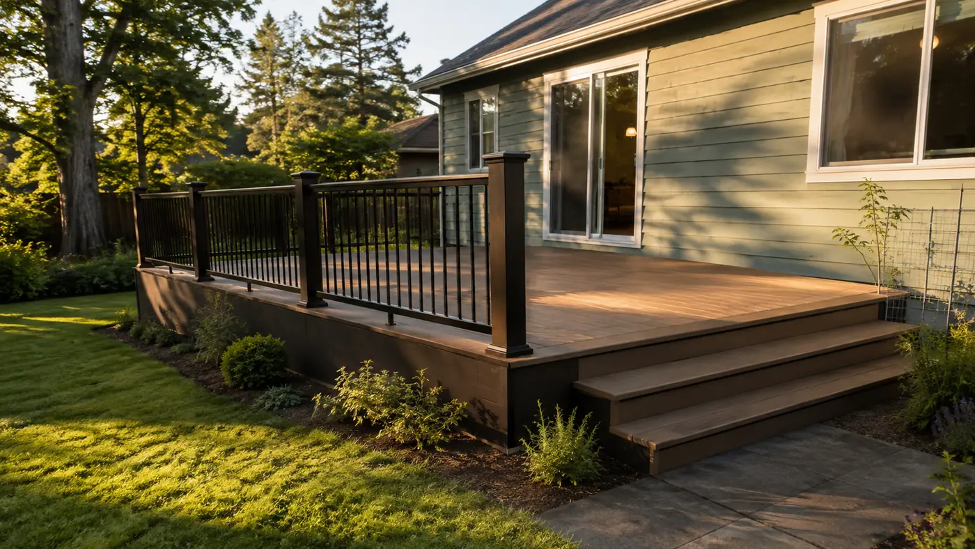 Composite deck attached to a home Composite deck with black railing attached to a house in Salem, OR