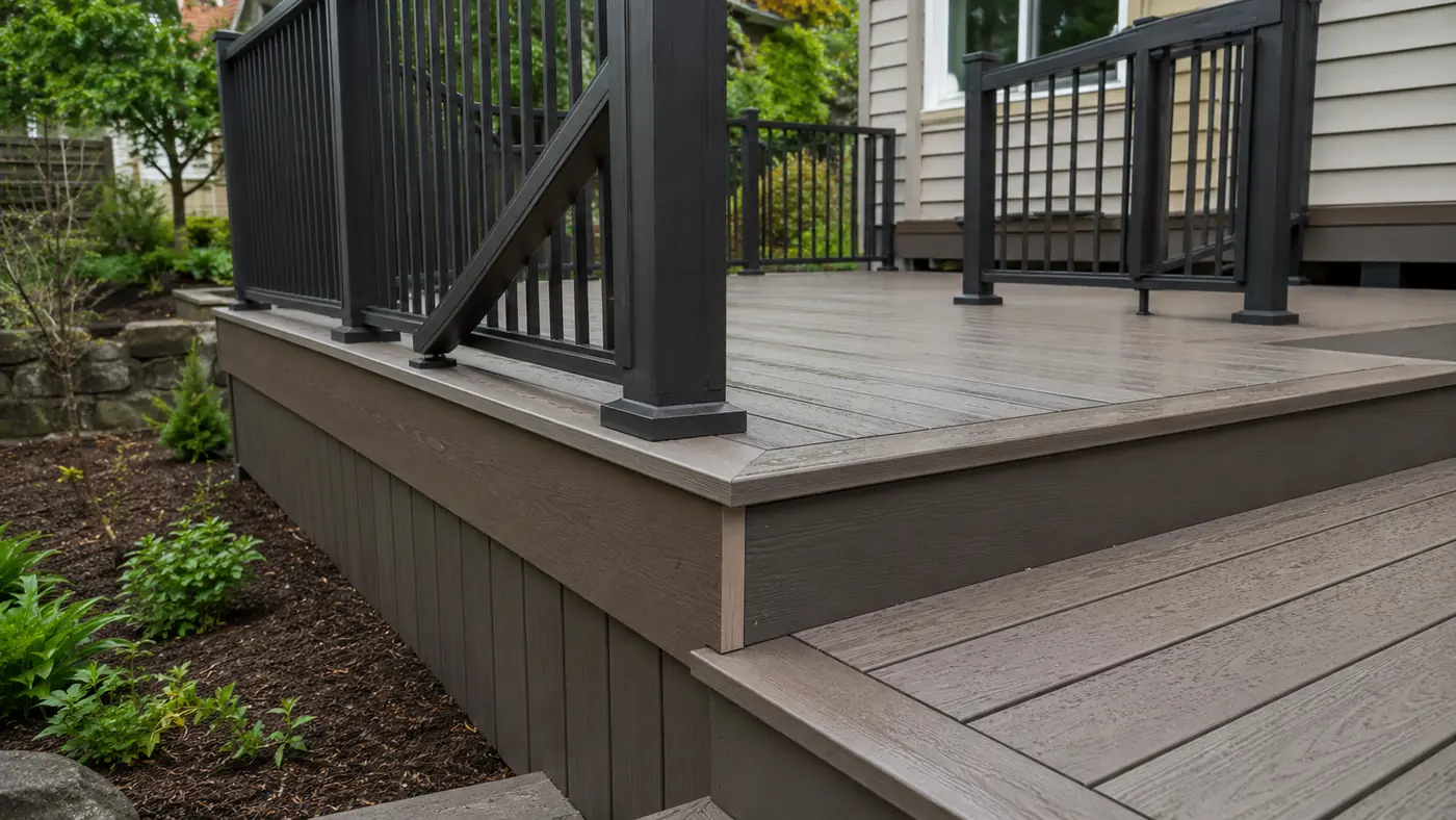 Deck stair and railing detail Composite deck stair and railing corner detail on a Wades Services build in Salem, OR