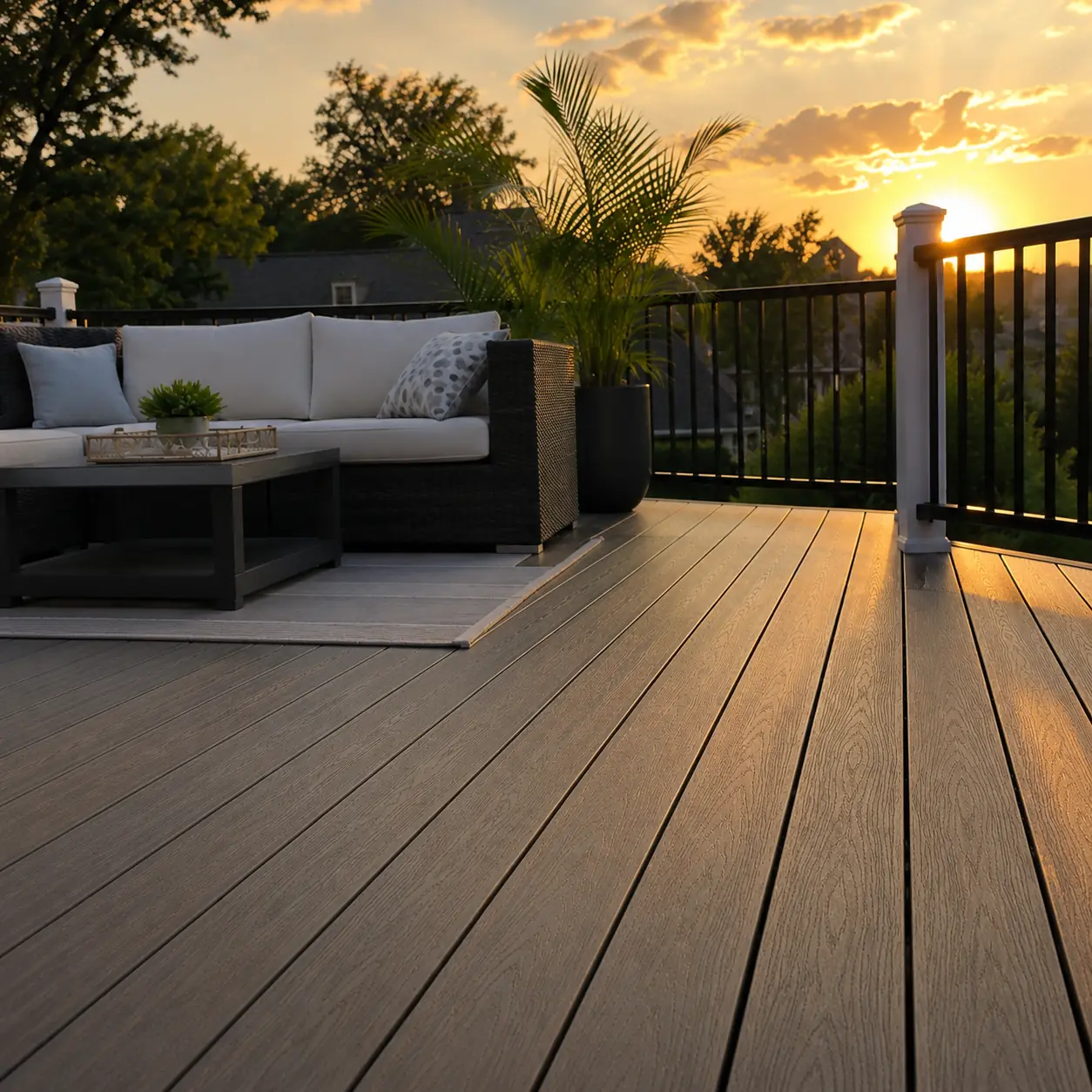 Composite deck with outdoor lounge seating at sunset in Salem, OR
