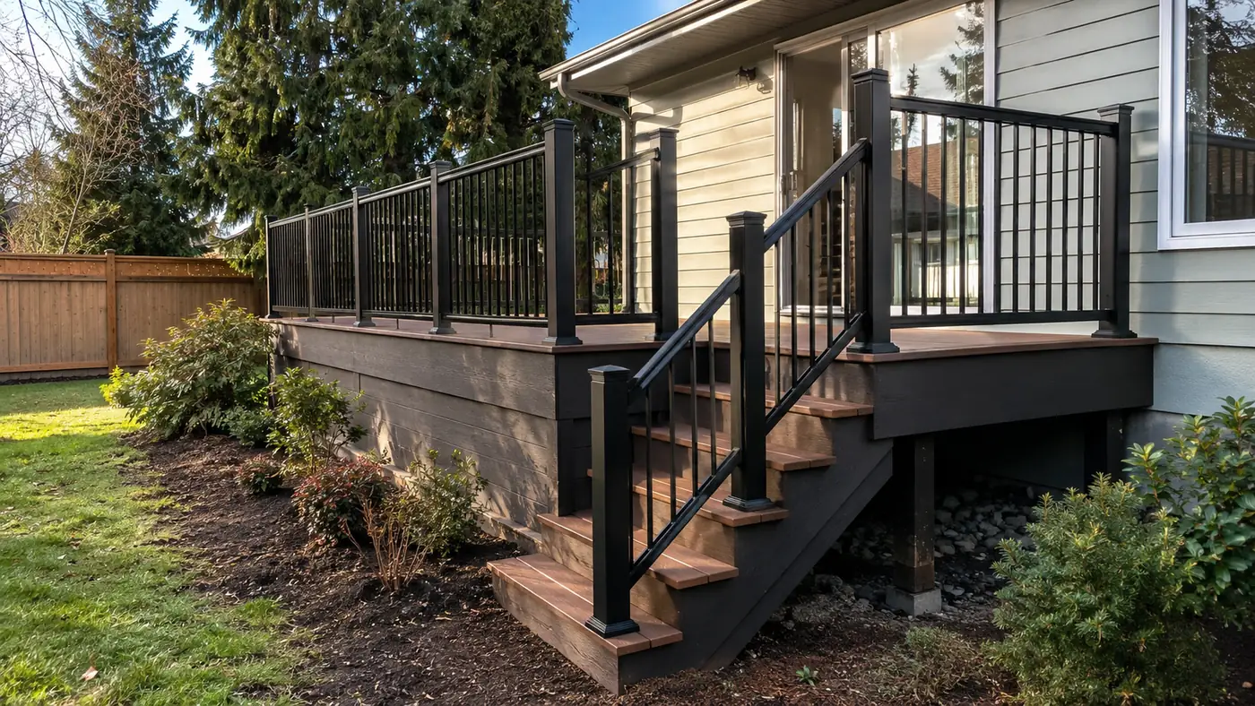 Composite deck with stairs and black railing Composite deck with stairs and black aluminum railing beside a Salem, OR home
