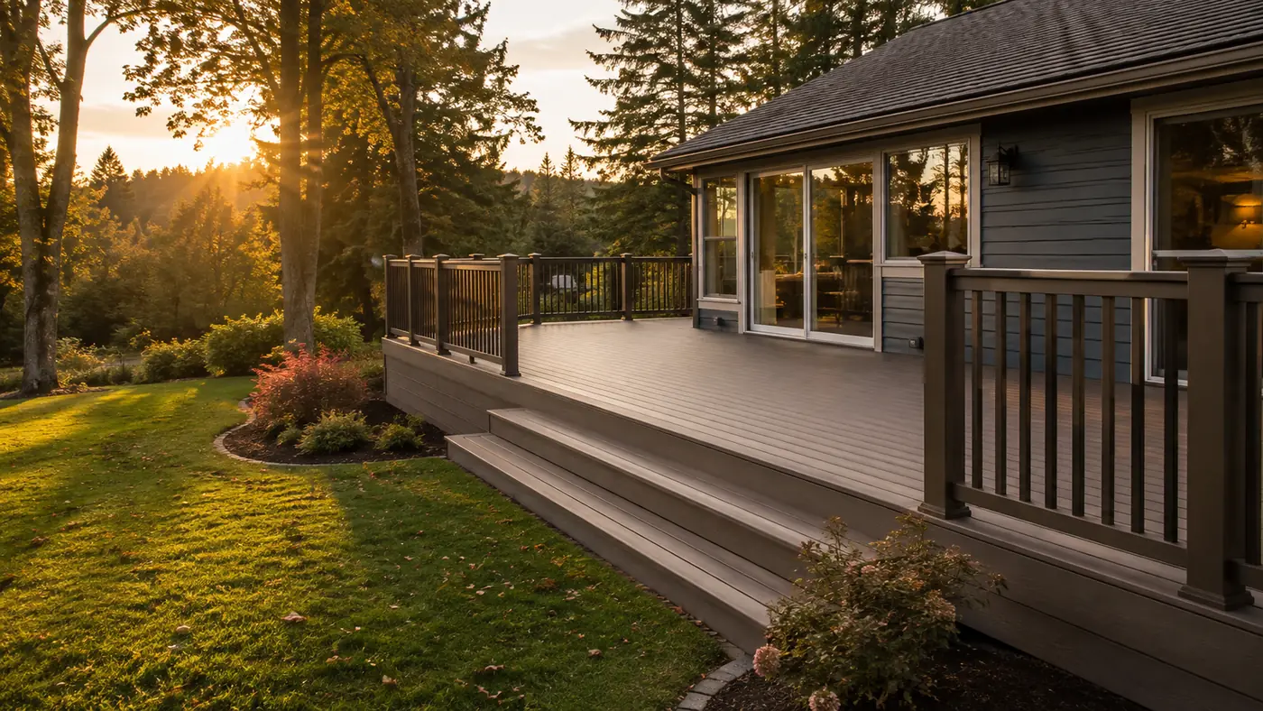 Backyard composite deck at sunset Composite deck at sunset behind a Salem, OR home