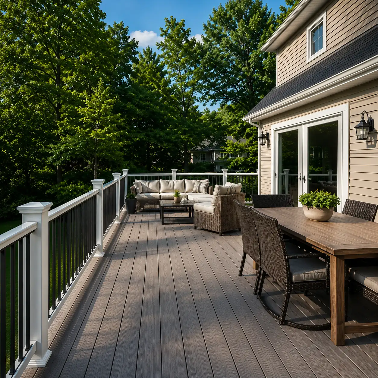 Composite deck with white railing and an outdoor dining set built by Wades Services in Salem, OR