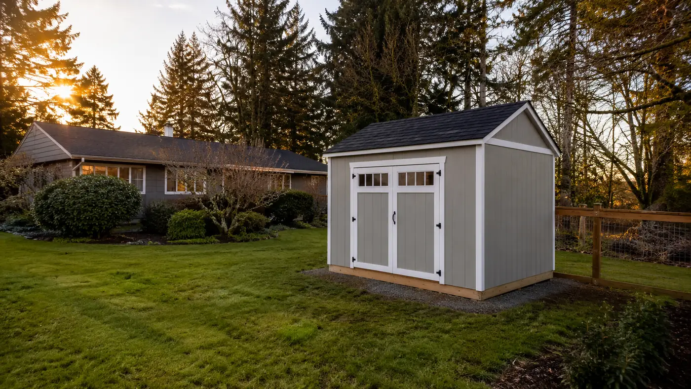 Backyard shed at sunset Custom storage shed in a Salem, OR backyard at sunset