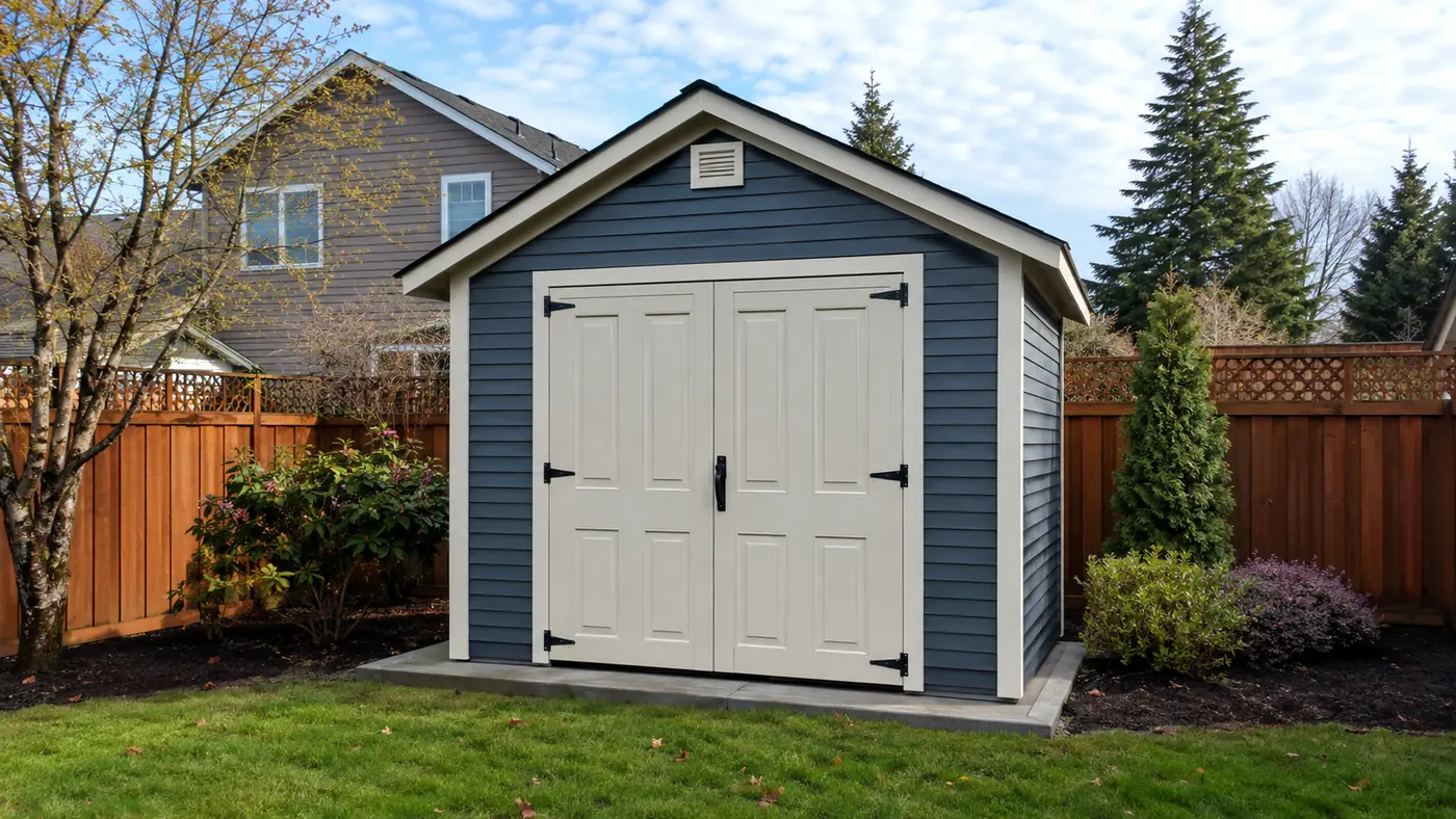 Shed with barn-style doors Custom storage shed with barn-style doors on a lawn in Salem, OR
