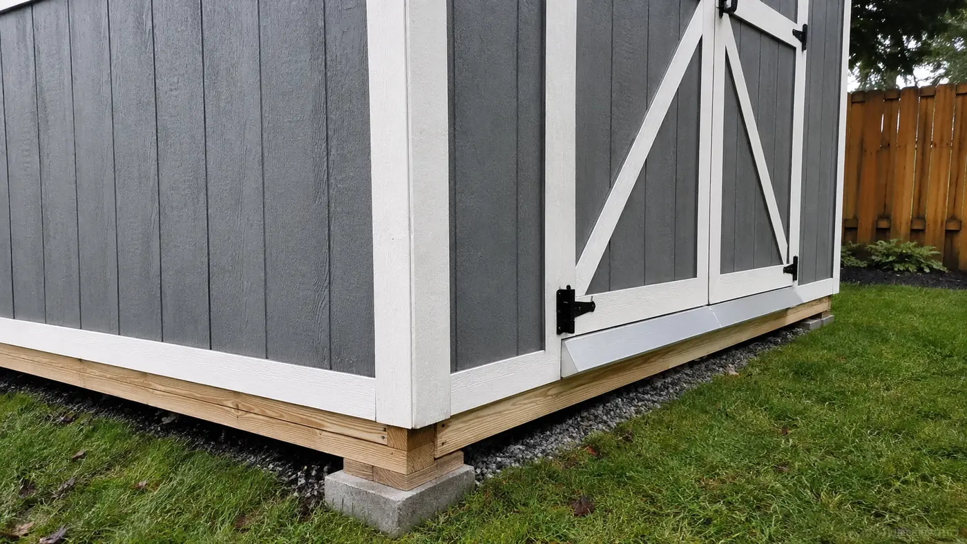 Shed trim and gravel pad detail Corner trim and gravel pad detail on a custom shed built by Wades Services in Salem, OR
