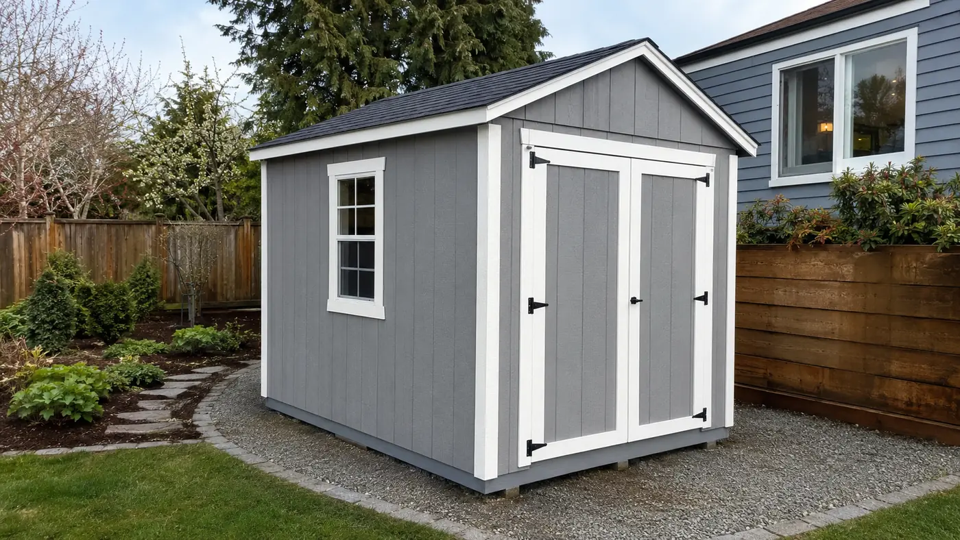 Custom backyard shed with double doors and a window in Salem, OR