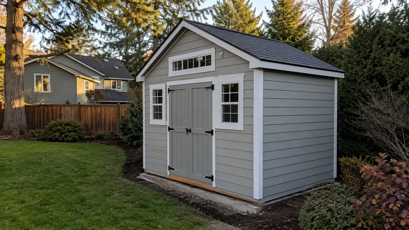 Custom shed and cedar fence Custom shed with white doors in front of a cedar fence in Salem, OR
