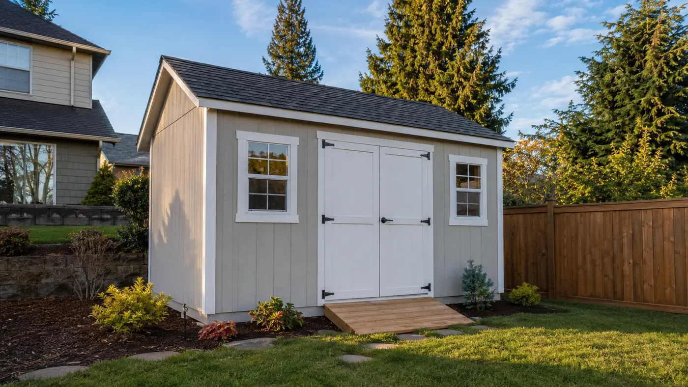 Custom shed beside a fence Custom gray shed with white trim beside a wood fence in Salem, OR
