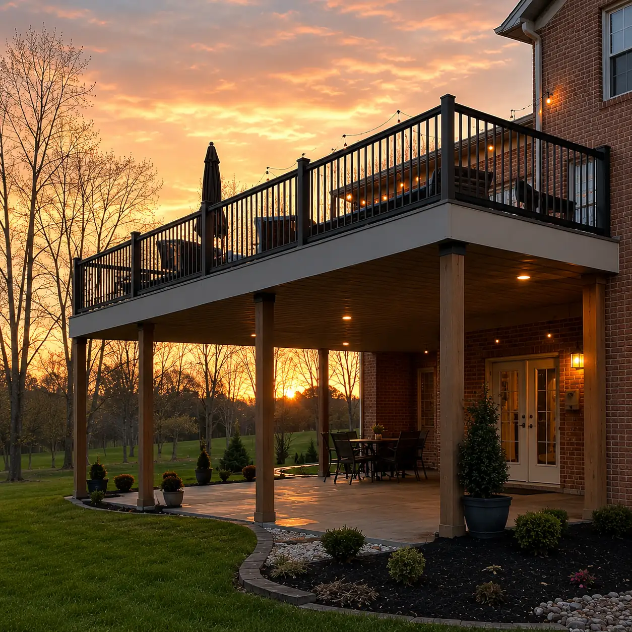 Elevated composite deck with a covered patio underneath at sunset in Salem, OR
