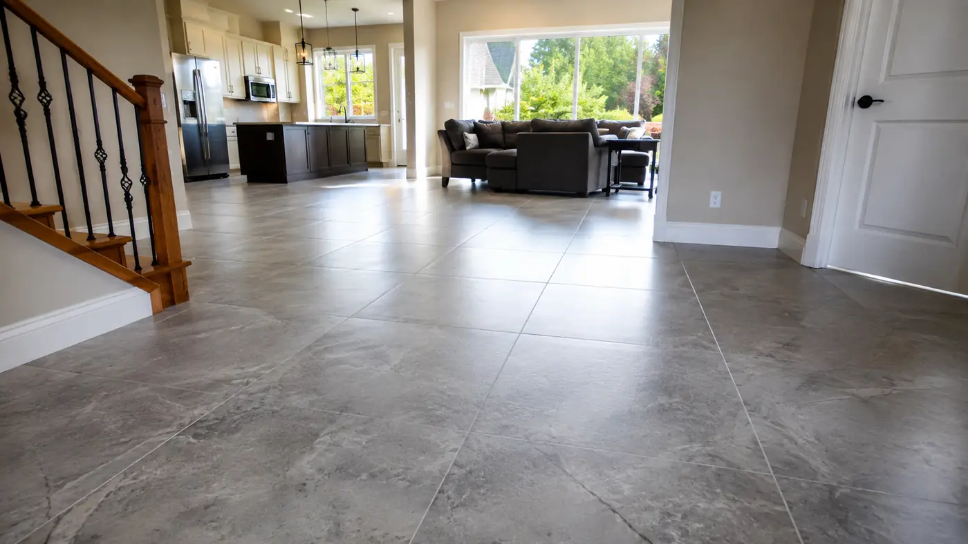 Entryway plank flooring Gray-toned plank flooring in an entryway with stairs in Salem, OR