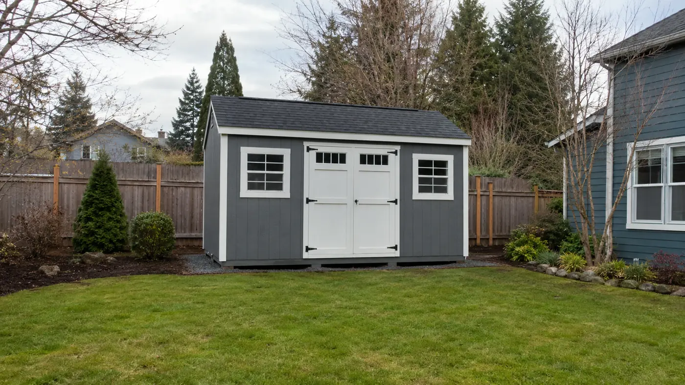 Custom shed with double doors, Salem Gray custom storage shed with white double doors built by Wades Services in Salem, OR