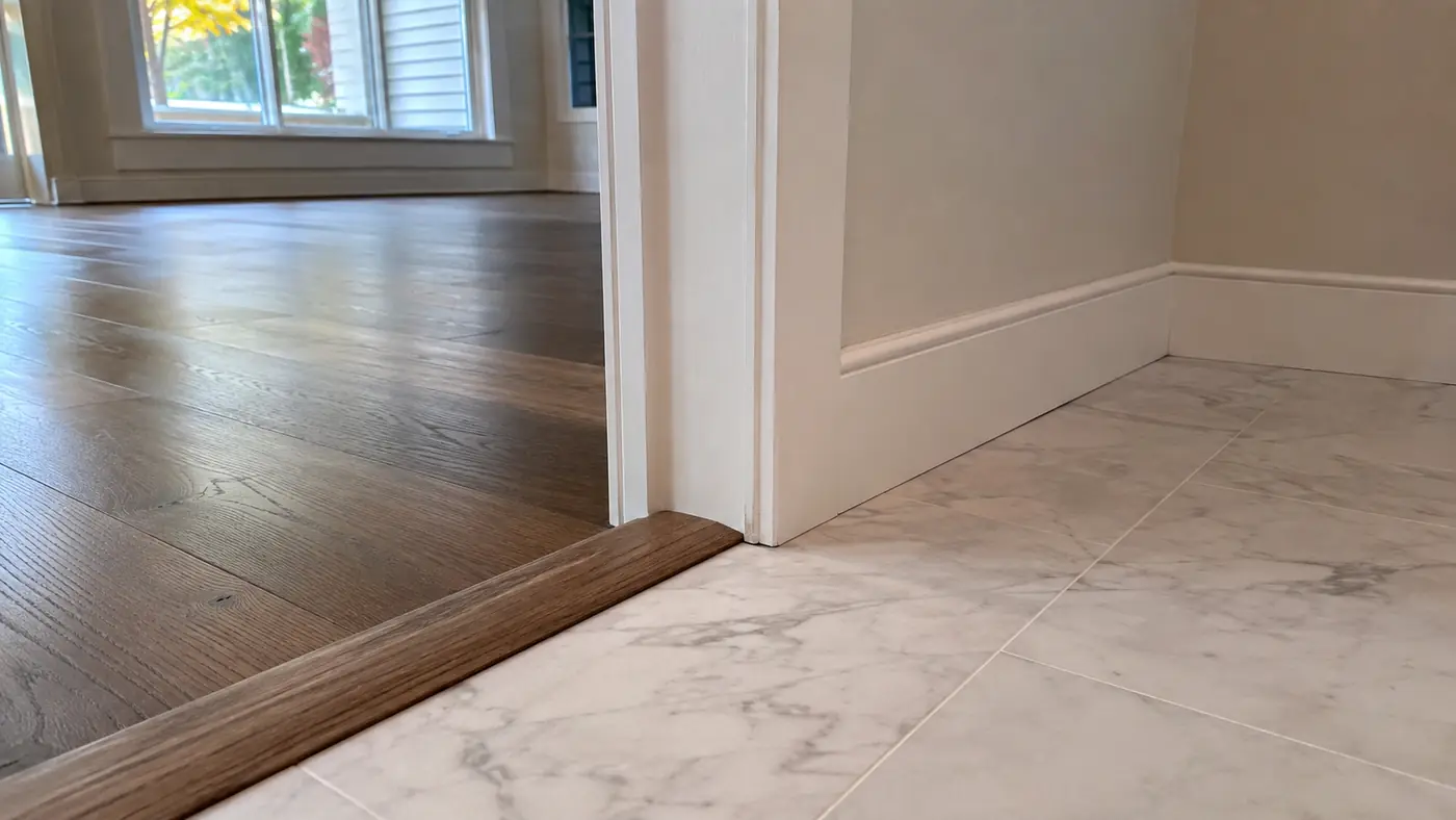 Plank flooring and baseboard detail Light gray plank flooring and baseboard detail in a Salem, OR home