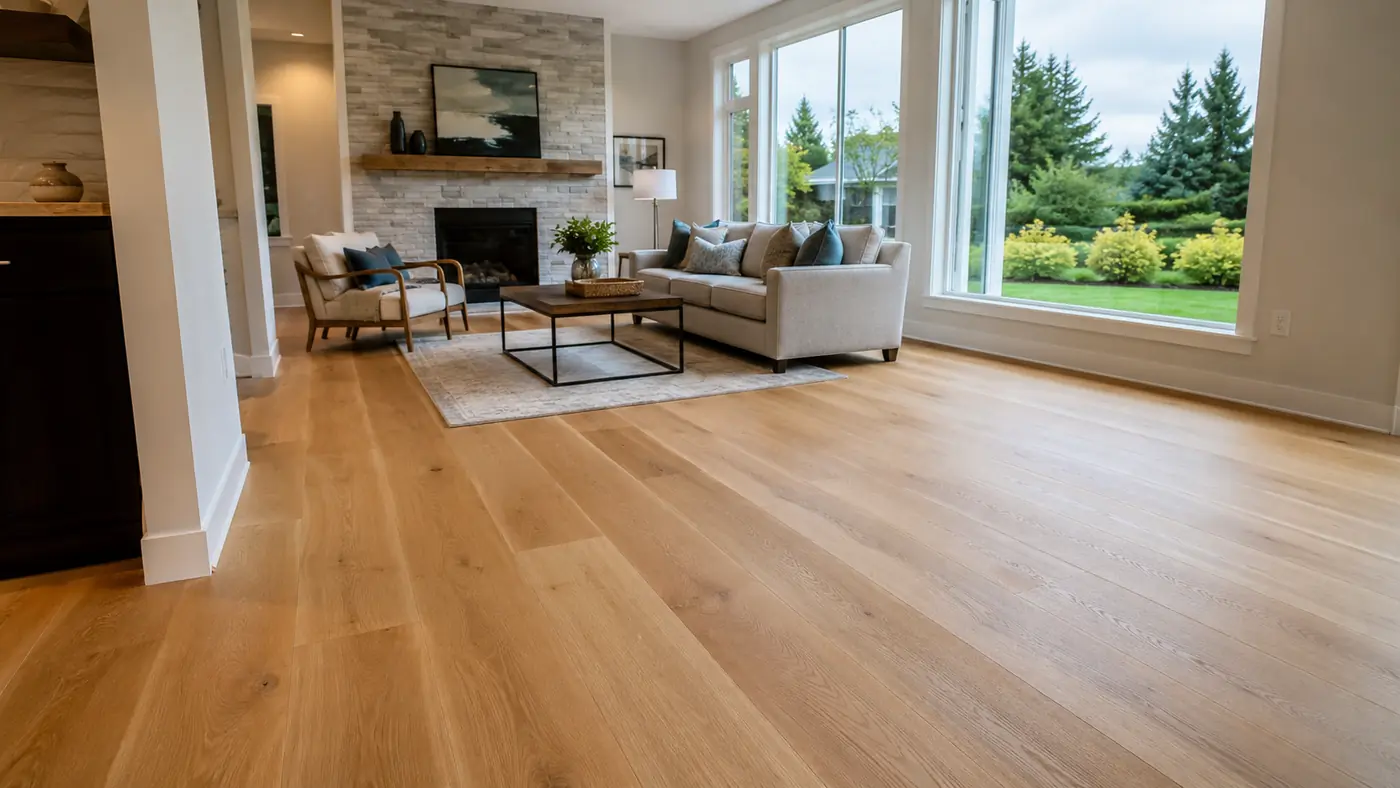 Light oak plank flooring, Salem Light oak wood-look plank flooring in a living room installed by Wades Services in Salem, OR