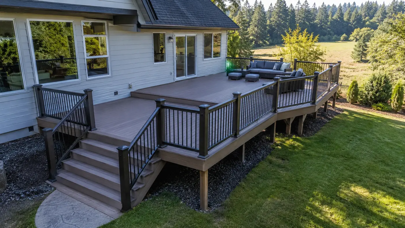 Multi-level composite deck with wraparound stairs overlooking a field in Salem, OR
