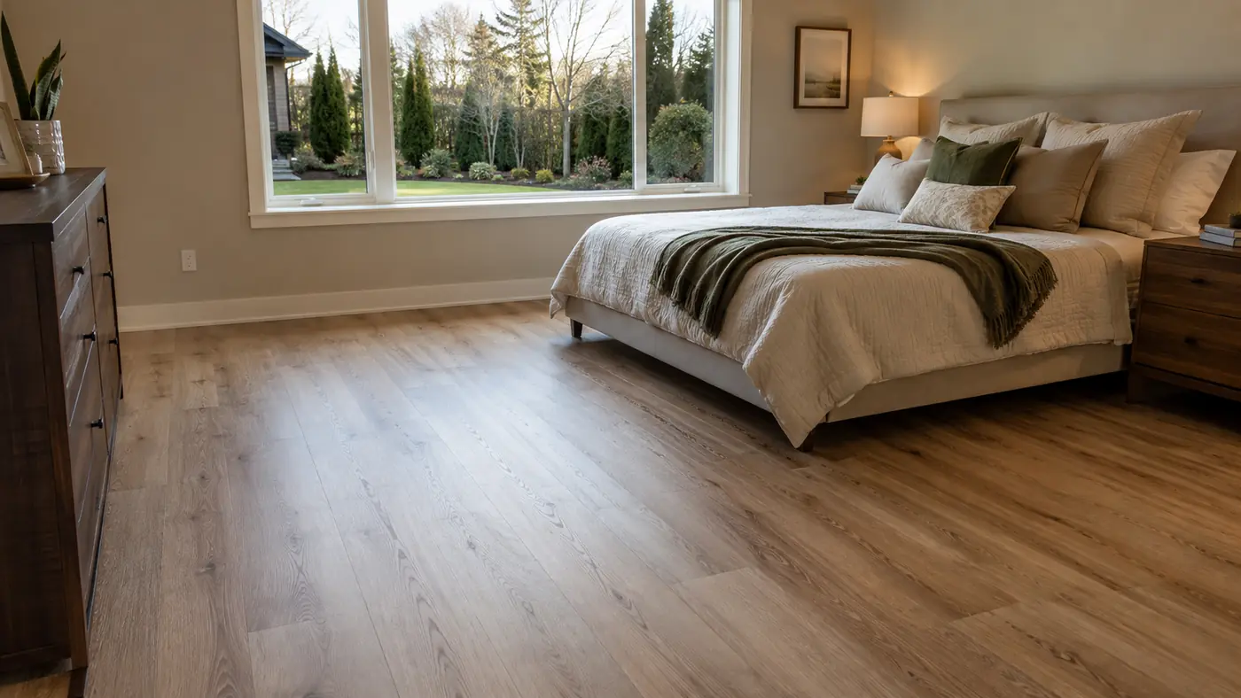 Bedroom plank flooring Wood-look plank flooring in a bedroom installed in Salem, OR