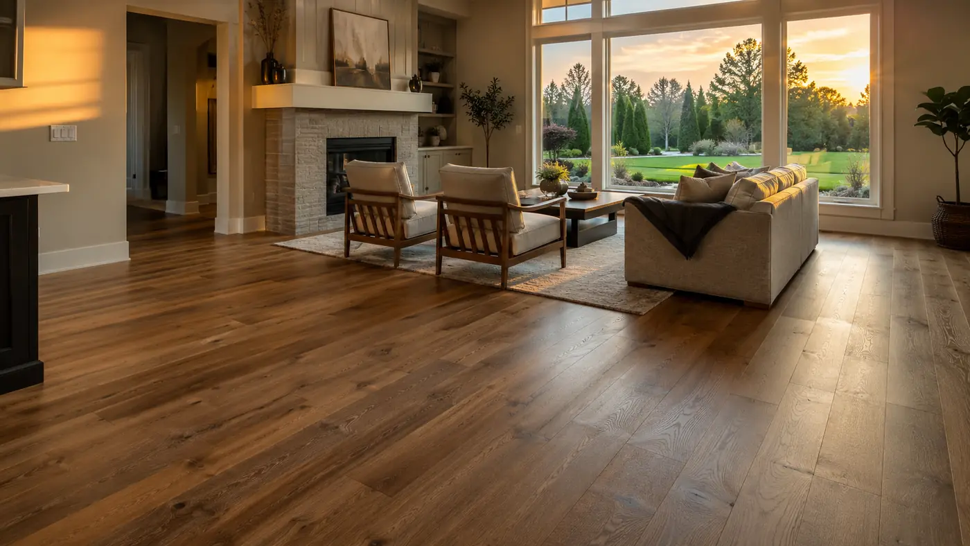 Plank flooring by a fireplace Plank flooring in a living area with a fireplace in Salem, OR