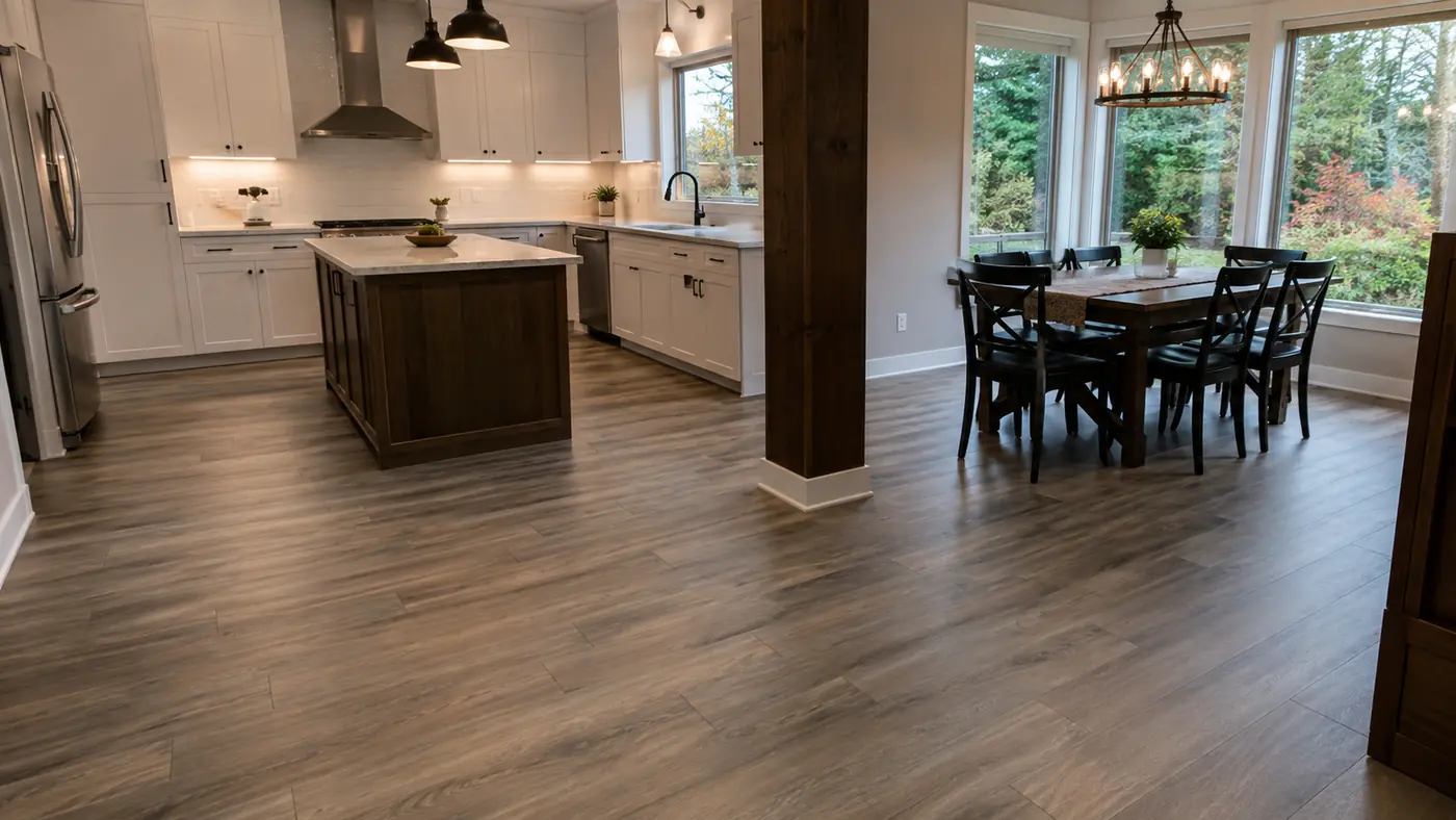 Plank flooring in a kitchen Wood-look plank flooring in a kitchen with an island in Salem, OR