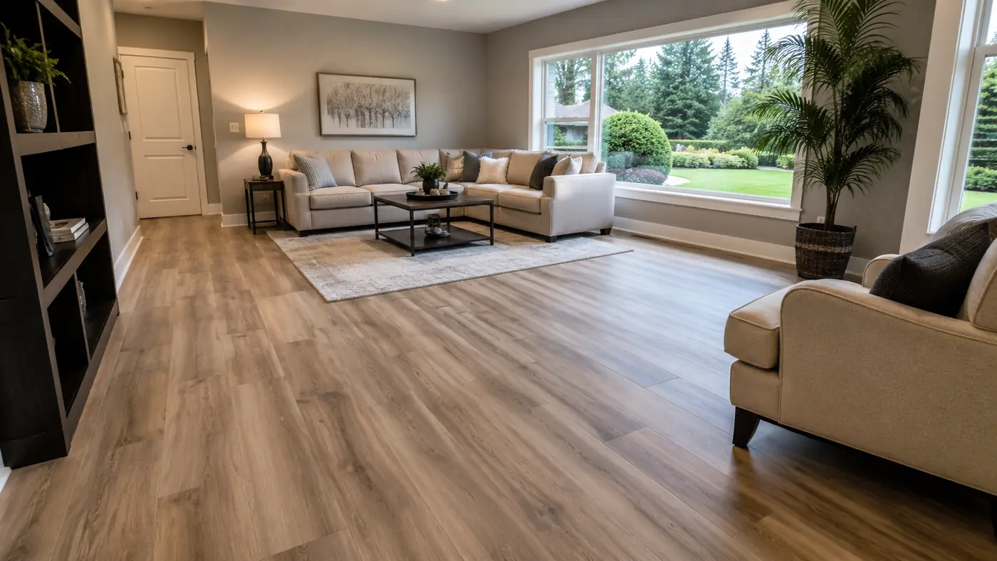Living room plank flooring Wood-look plank flooring in a bright living room in Salem, OR