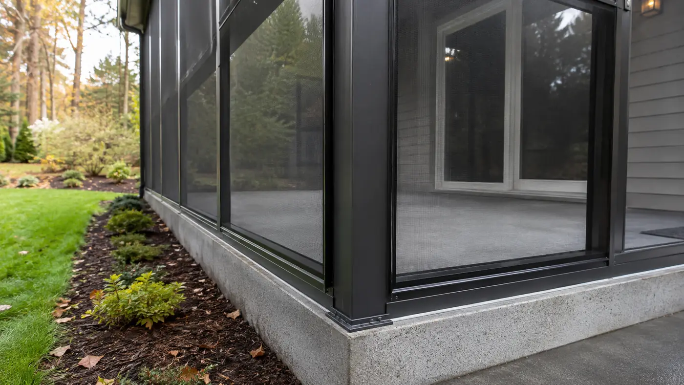 Screen enclosure framing detail Screen enclosure corner framing detail on a Wades Services build in Salem, OR