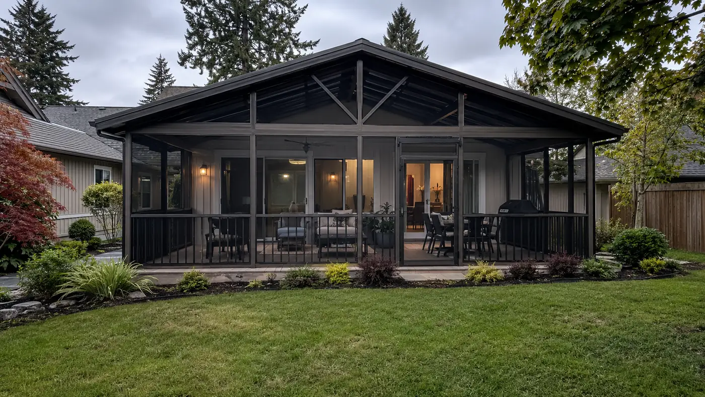 Screened porch at dusk, Salem Large screened porch enclosure lit at dusk, built by Wades Services in Salem, OR