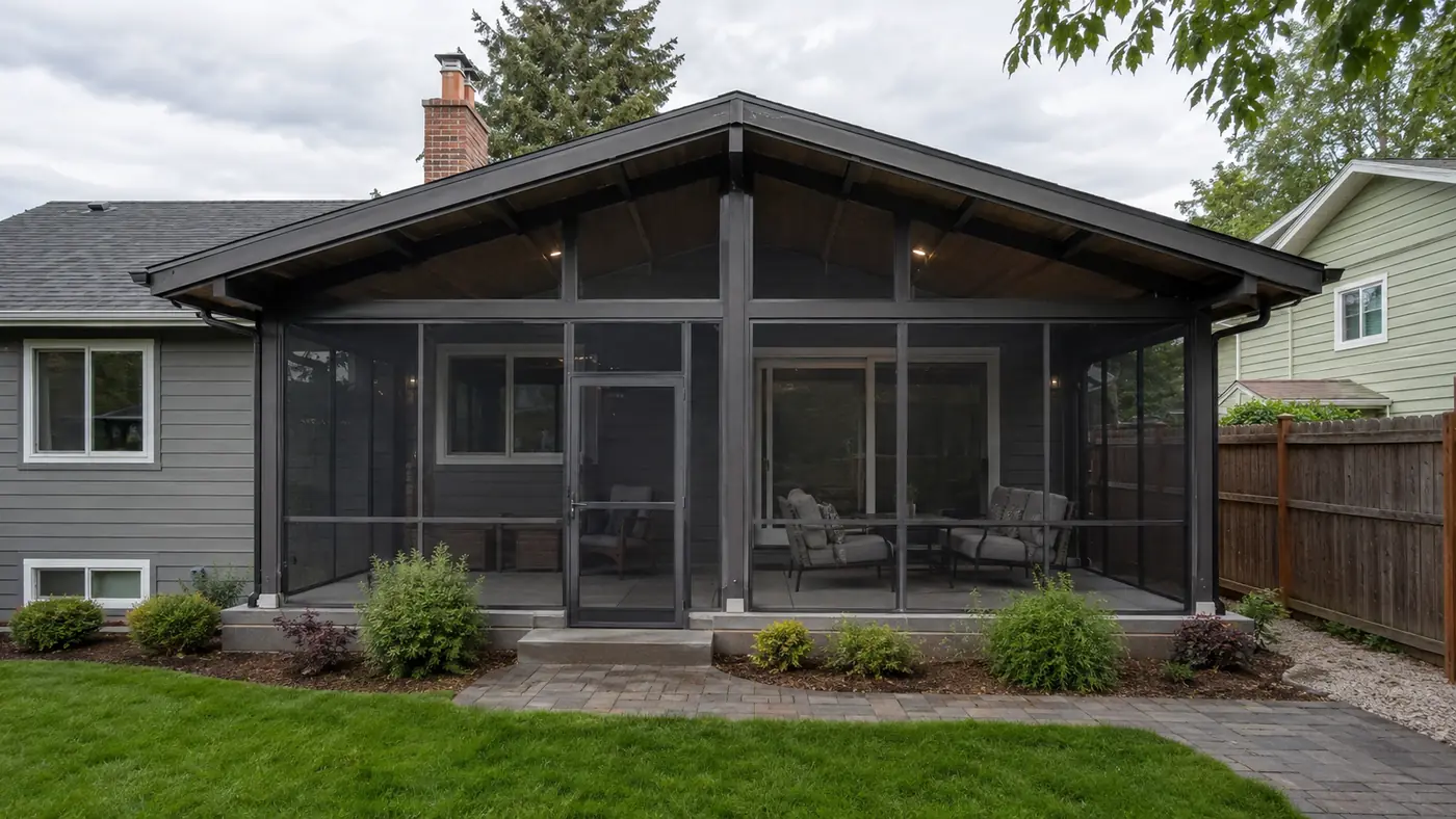Screened porch enclosure on a white house in Salem, OR