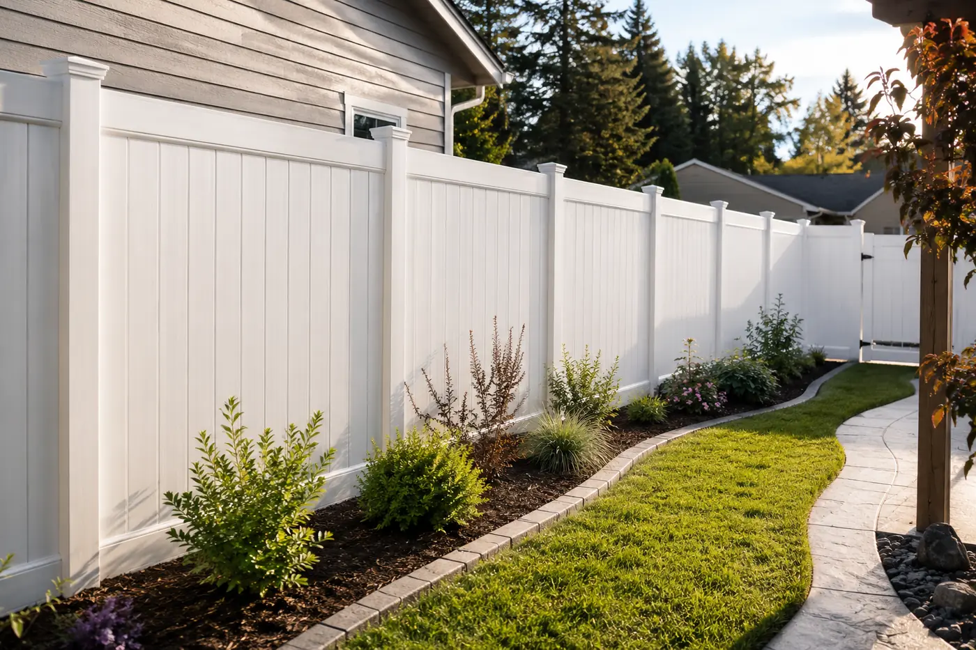 Vinyl fence gate and gravel path White vinyl fence and gate beside a gravel path in Salem, OR