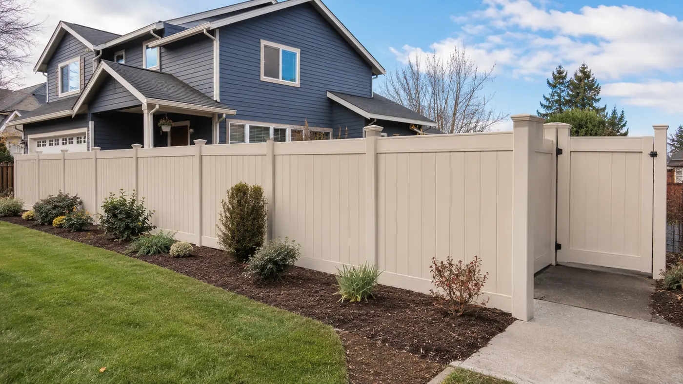 Vinyl fence with plantings White vinyl fence with new plantings along the base in Salem, OR