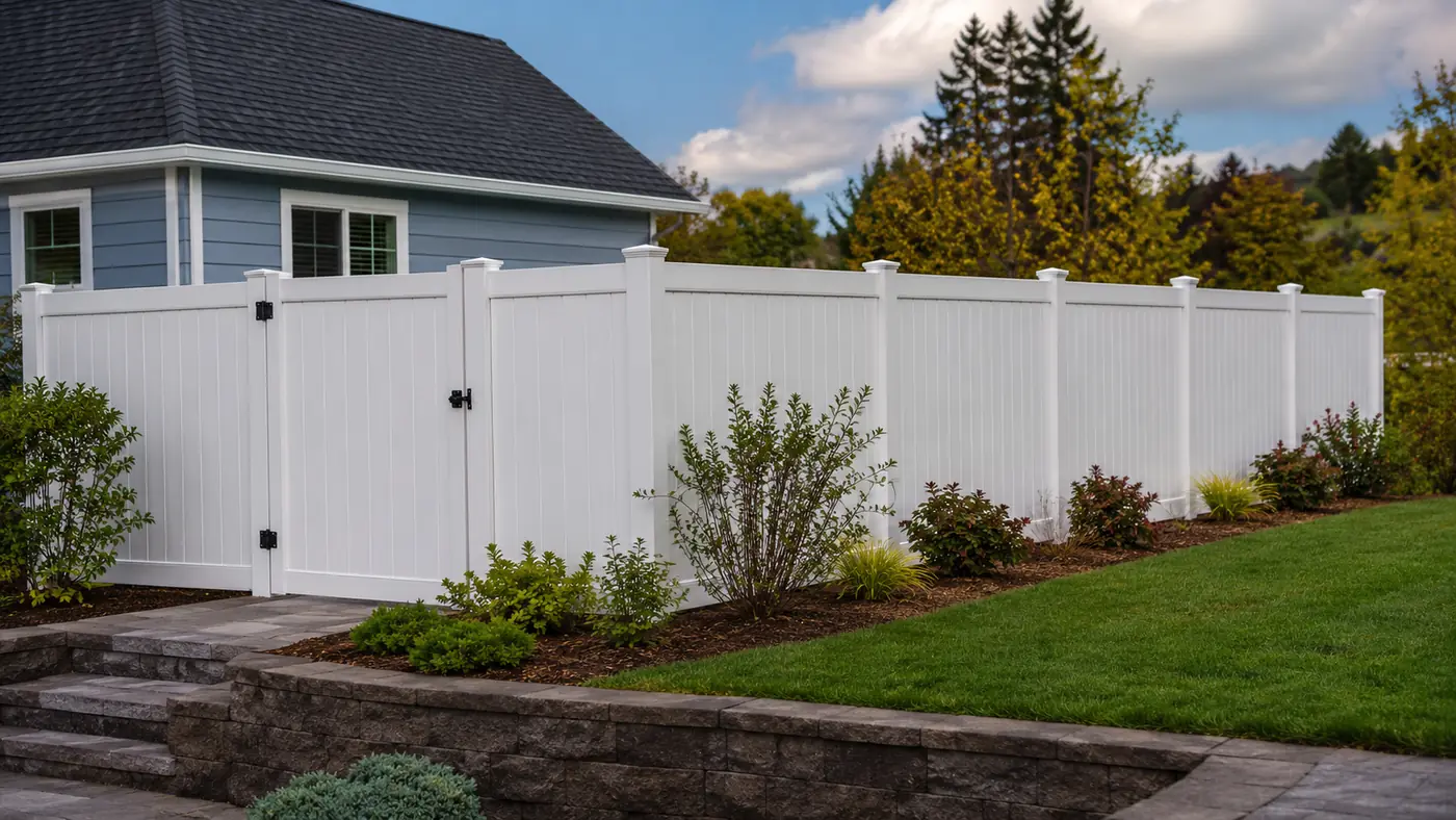 Backyard vinyl privacy fence White vinyl privacy fence enclosing a backyard in Salem, OR