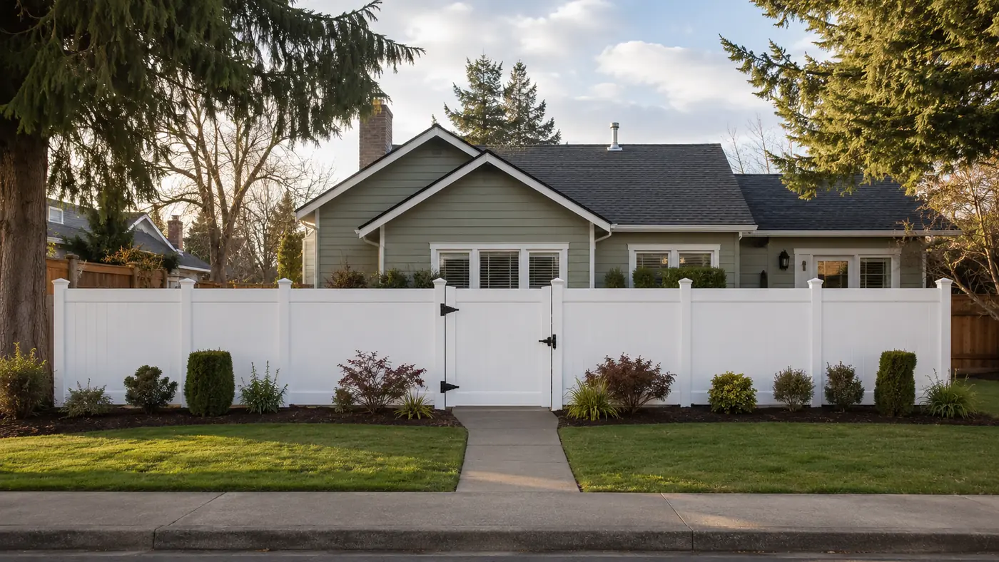 Vinyl fence in a front yard White vinyl fence in front of a Salem, OR home