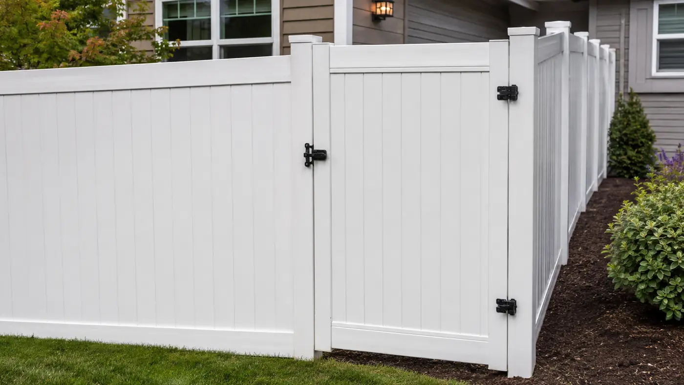 Vinyl fence with gate White vinyl privacy fence with a matching gate built in Salem, OR