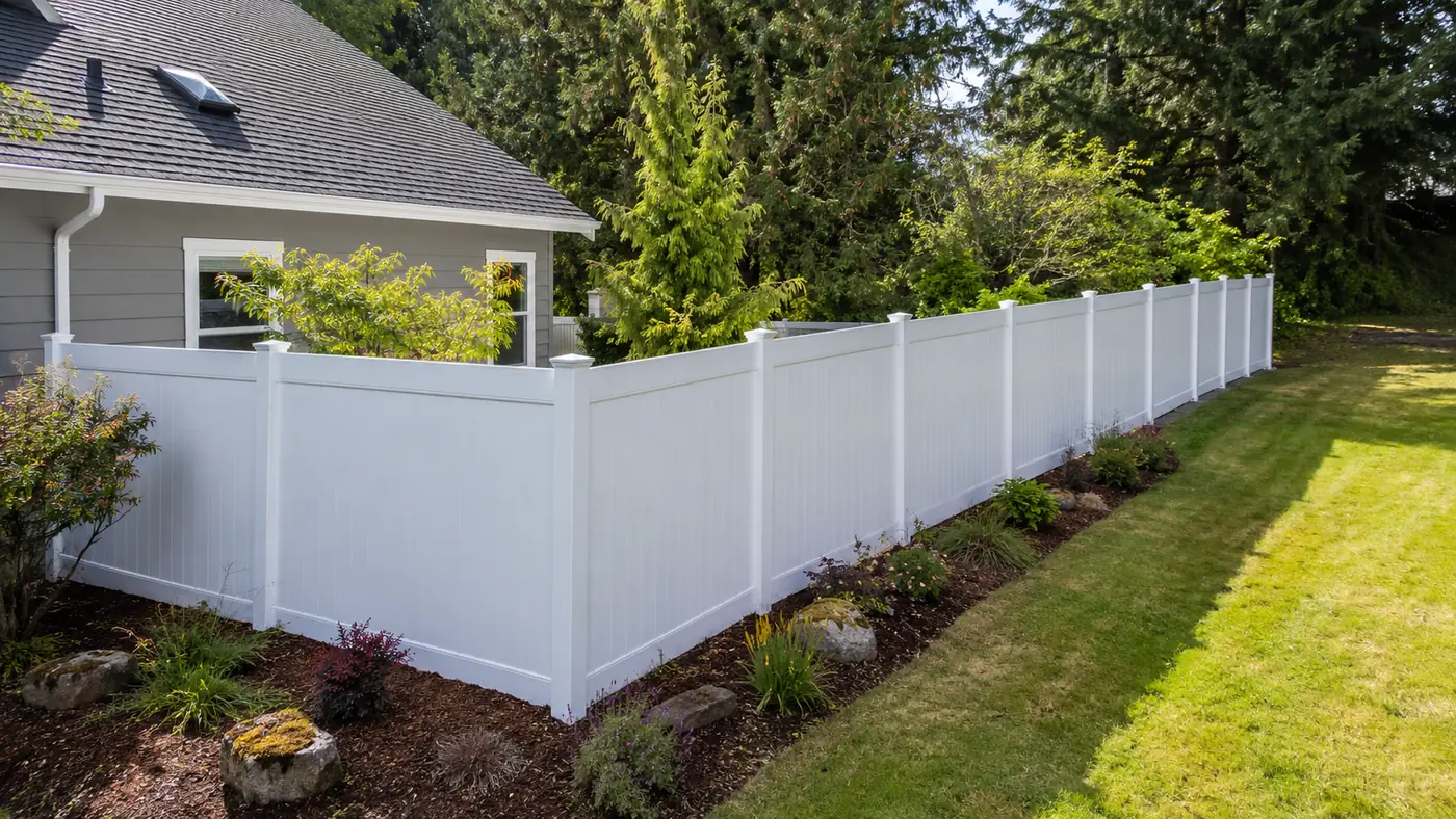 White vinyl privacy fence line beside a lawn in Salem, OR