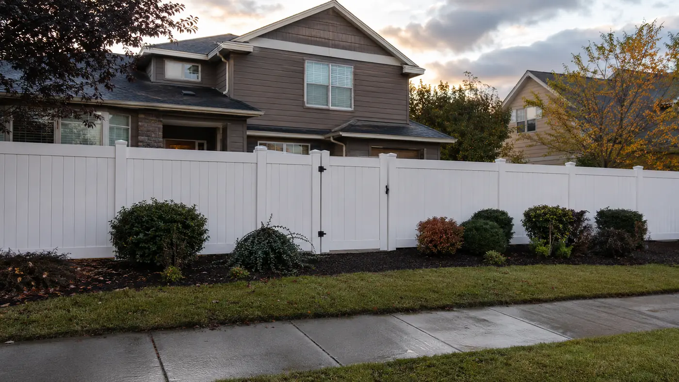 Vinyl privacy fence, Salem White vinyl privacy fence along a sidewalk installed by Wades Services in Salem, OR